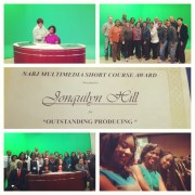 (Clockwise from left) Preparing for the webcast; mentors and NC A&T Staff; award for outstanding producing; with other short course participants; students after the newscast
